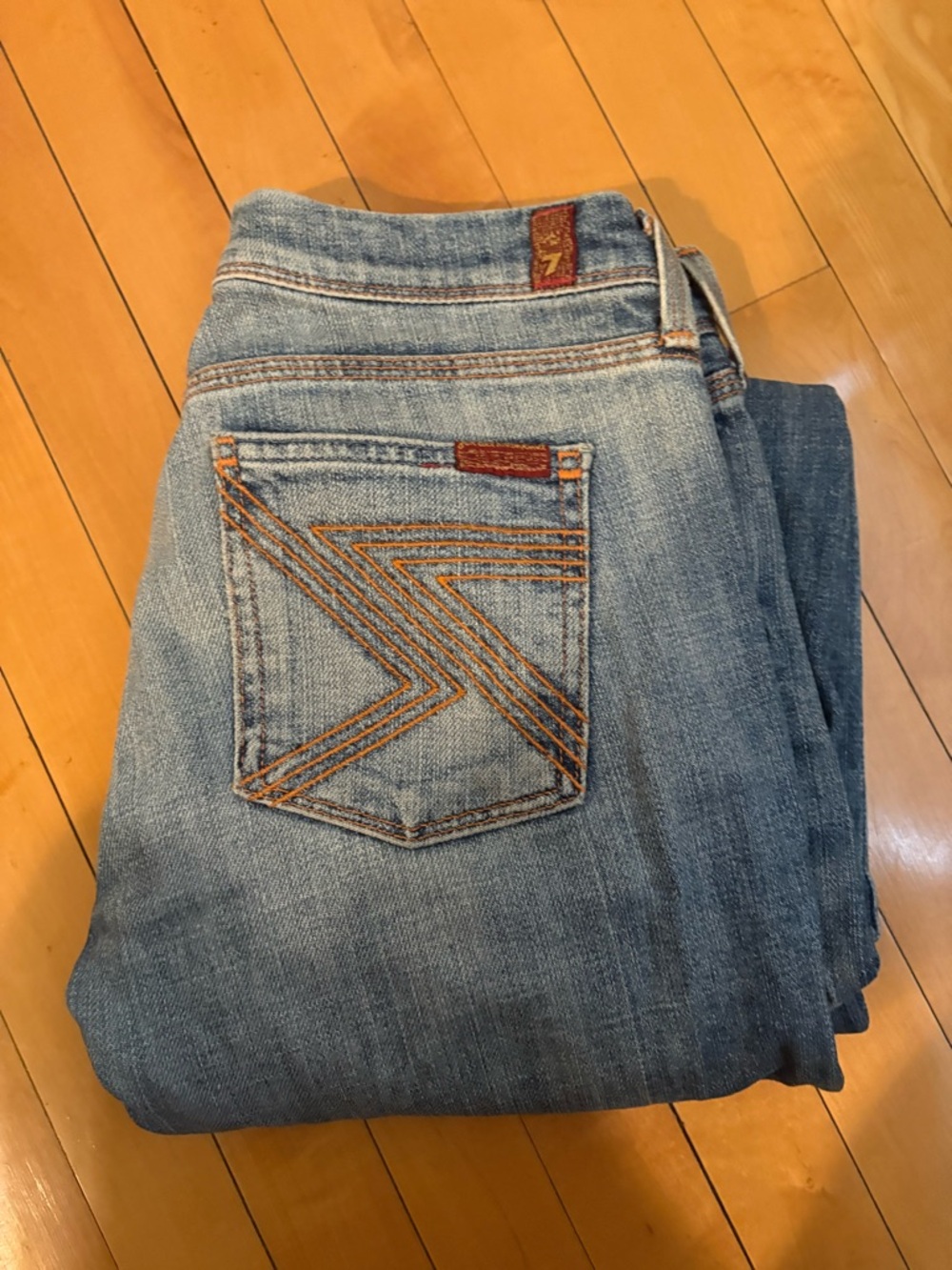 7 For All Mankind Light Blue Straight Leg Jeans with Contrast Stitching